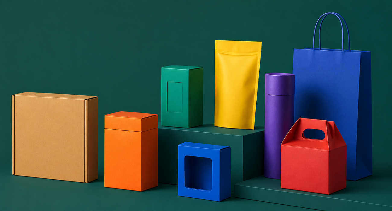 Custom packaging range on a deep green set — kraft mailer box, coloured rigid boxes, stand-up pouch, cylinder tube, window box, gable box and paper shopping bag.