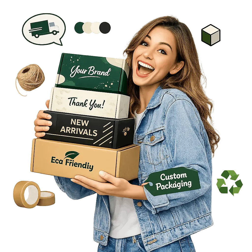 Smiling customer holding a stack of custom printed EdgeCraft boxes